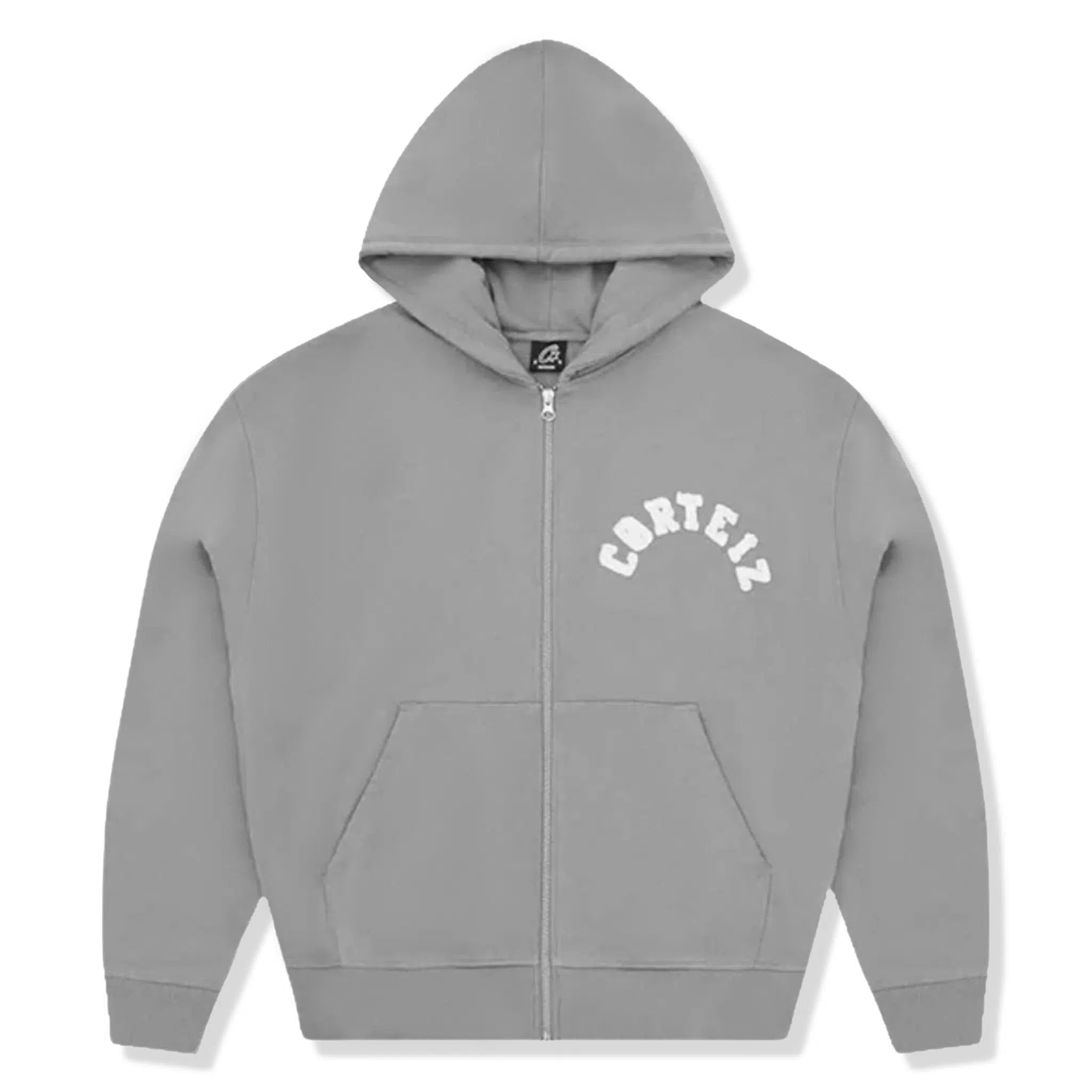 Front View of Corteiz Colly Arch Zip-Up Grey Hoodie